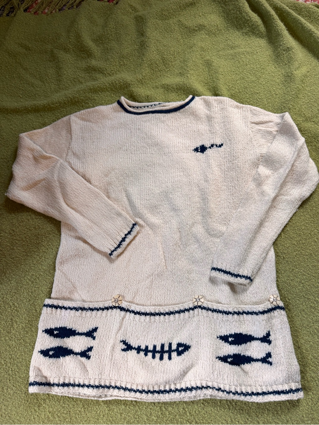 Amano Cream 100% Cotton Sweater With Navy Fish Motif